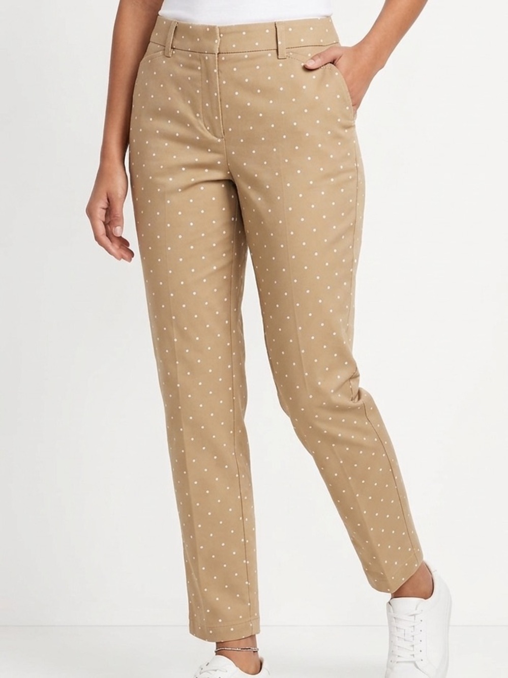 Lands' End Women's Tan Polka Dot Straight High Rise Leg Pants SZ 14